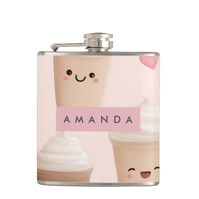 Personalized Cute Pink Kawaii Coffee Cup Hip Flask (Front)