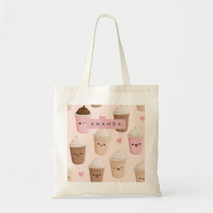 Personalized Cute Pink Kawaii Coffee Cup Tote Bag