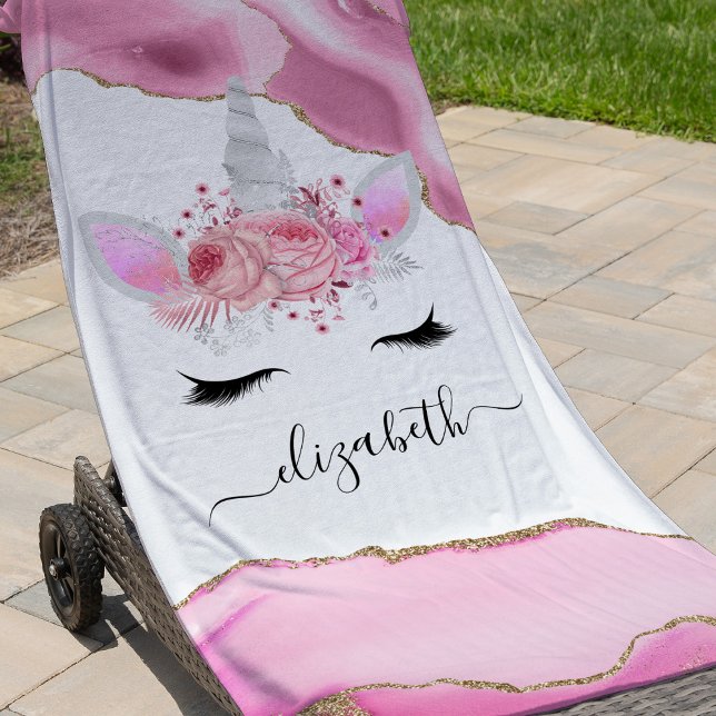 Personalized Cute Pink Kids Unicorn Beach Towel (Creator Uploaded)