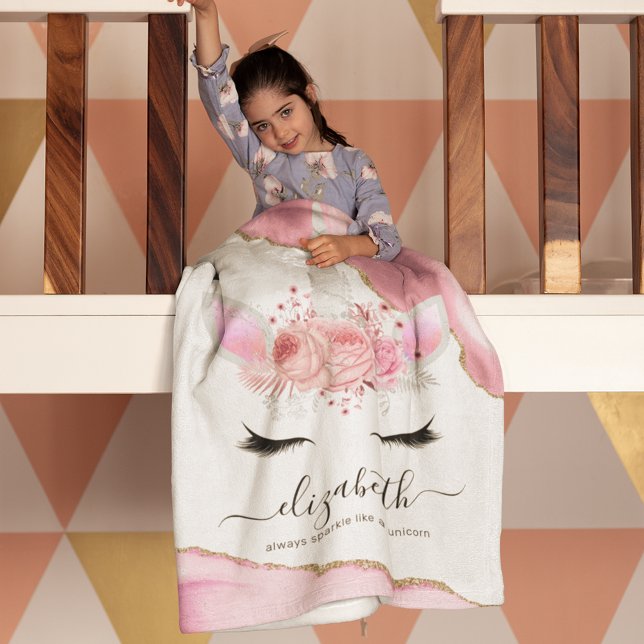 Personalized Cute Pink Kids Unicorn Fleece Blanket (Creator Uploaded)