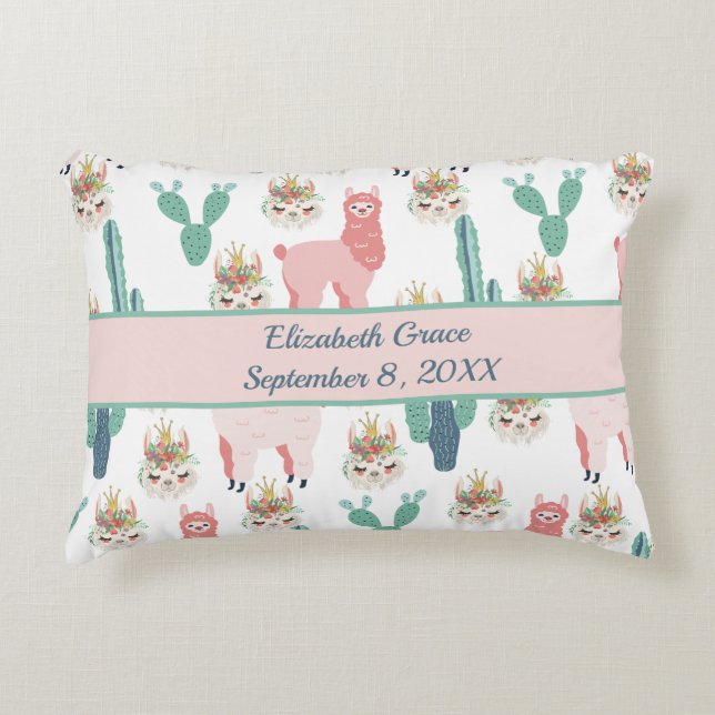 Personalized Cute Pink Llama's and Green Cactus Accent Pillow (Front)