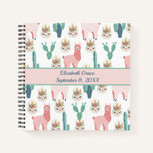 Personalized Cute Pink Llama's and Green Cactus Notebook