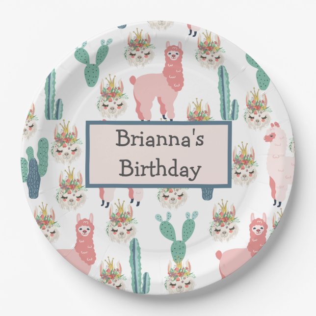 Personalized Cute Pink Llama's and Green Cactus  Paper Plate (Front)