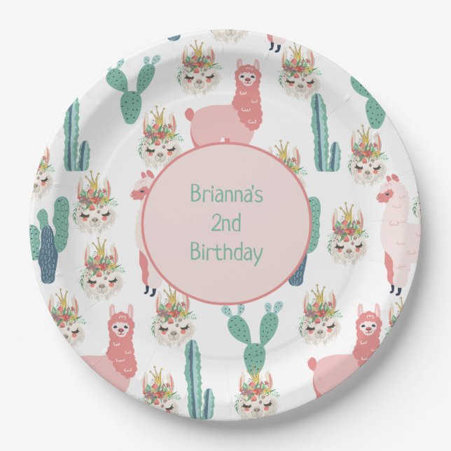 Personalized Cute Pink Llama's and Green Cactus Paper Plate (Front)