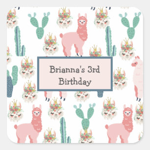 Personalized Cute Pink Llama's and Green Cactus Square Sticker