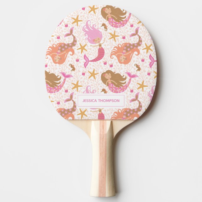 Personalized Cute Pink Mermaid Ping Pong Paddle (Front)