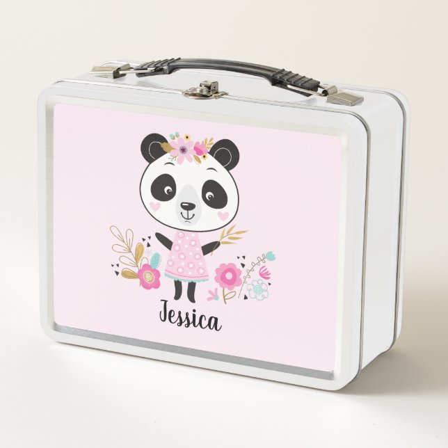 Personalized Cute Pink Panda Metal Lunch Box (Front)