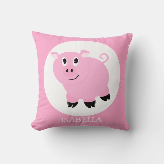 Personalized Cute Pink Pig Cartoon Girls Throw Pillow (Front)