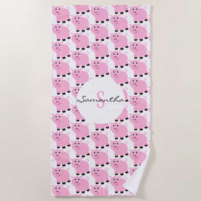 Personalized Cute Pink Pig Pattern Girls Animal Beach Towel (Front)