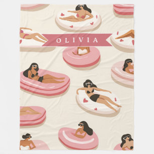 Personalized Cute Pink Pool Float Summer Aesthetic Fleece Blanket