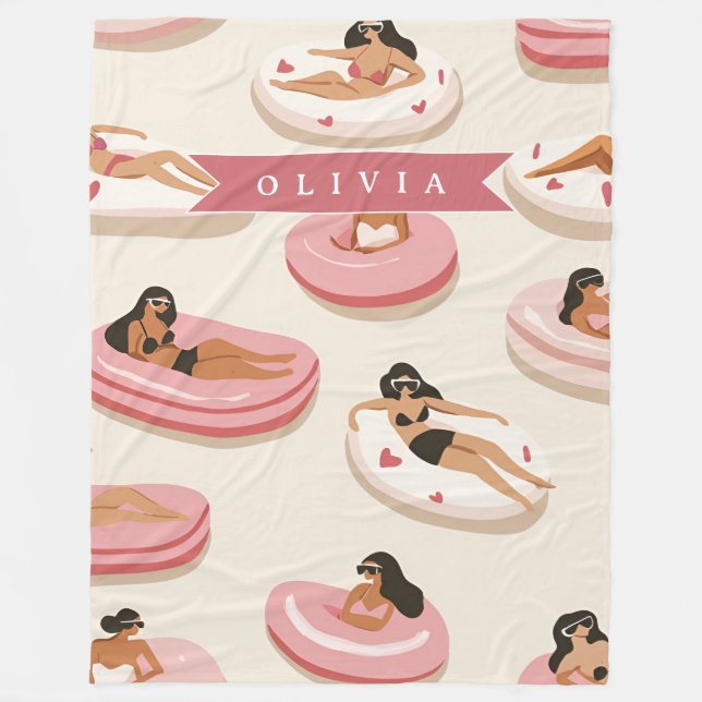Personalized Cute Pink Pool Float Summer Aesthetic Fleece Blanket (Front)