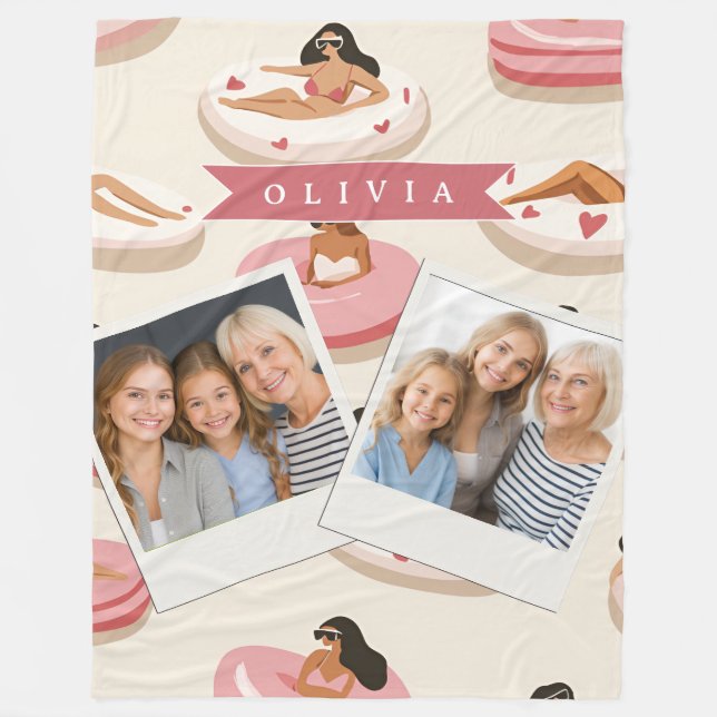 Personalized Cute Pink Pool Float Summer Aesthetic Fleece Blanket (Front)