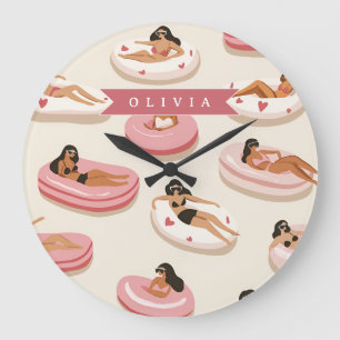 Personalized Cute Pink Pool Float Summer Aesthetic Large Clock