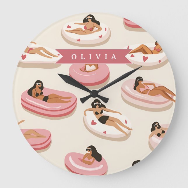 Personalized Cute Pink Pool Float Summer Aesthetic Large Clock (Front)