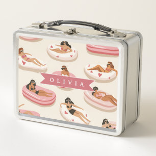 Personalized Cute Pink Pool Float Summer Aesthetic Metal Lunch Box