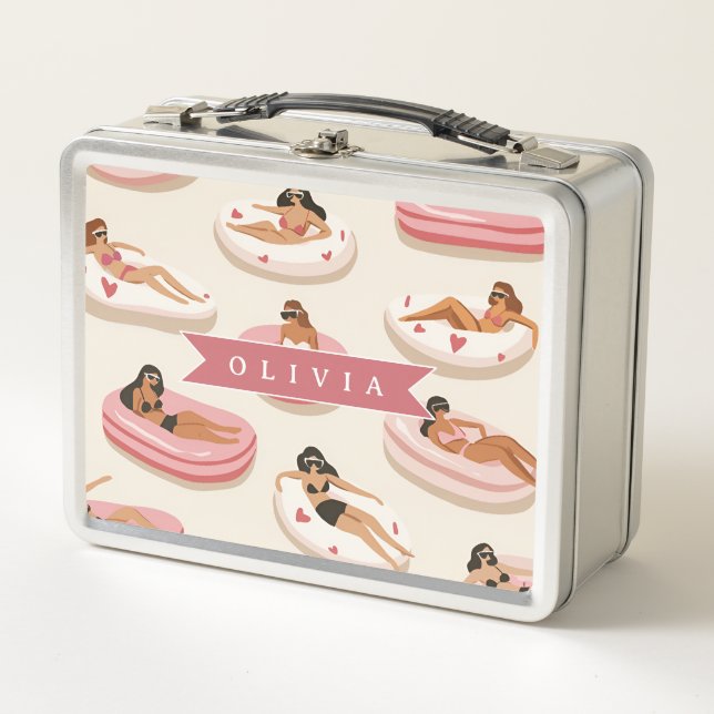 Personalized Cute Pink Pool Float Summer Aesthetic Metal Lunch Box (Front)