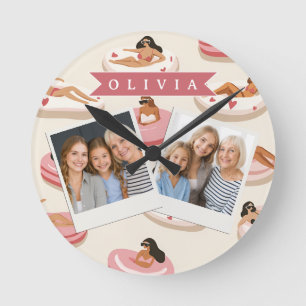 Personalized Cute Pink Pool Float Summer Aesthetic Round Clock
