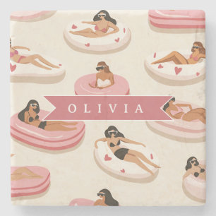 Personalized Cute Pink Pool Float Summer Aesthetic Stone Coaster