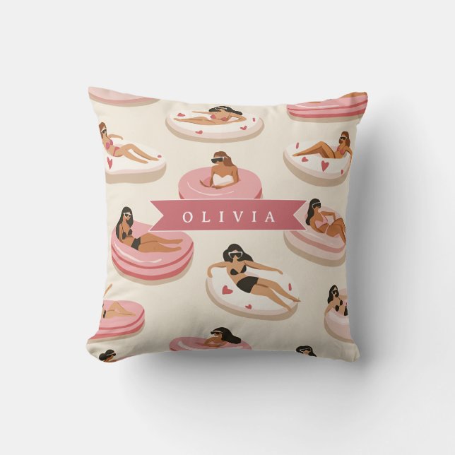Personalized Cute Pink Pool Float Summer Aesthetic Throw Pillow (Front)