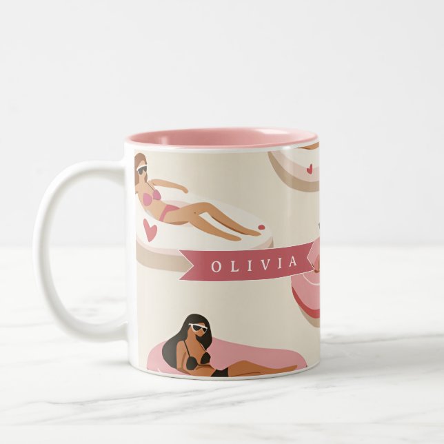Personalized Cute Pink Pool Float Summer Aesthetic Two-Tone Coffee Mug (Left)