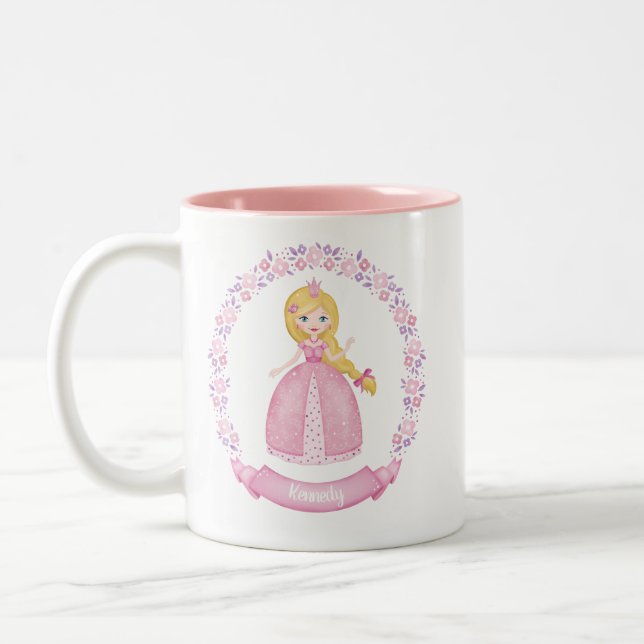 Personalized Cute Pink Princess Two-Tone Coffee Mug (Left)