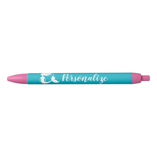 Personalized cute pink & turquoise mermaid girl's blue ink pen (Front)