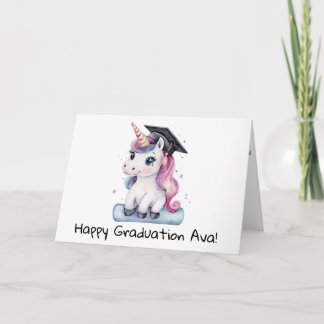 Personalized Cute Pink Unicorn Kids Graduation Card