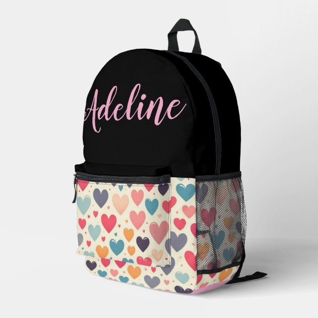 Personalized cute pink with colourful hearts printed backpack (Back Corner Right)