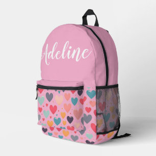 Personalized cute pink with colourful hearts printed backpack