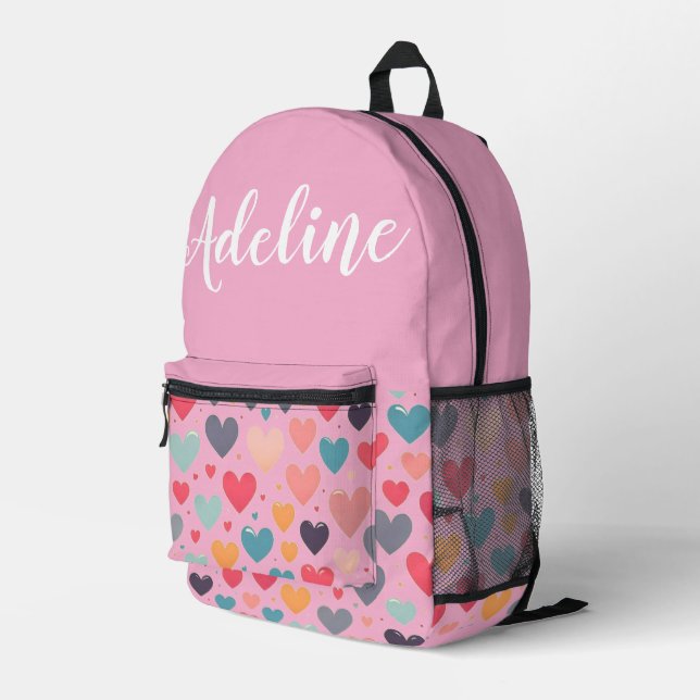 Personalized cute pink with colourful hearts printed backpack (Back Corner Right)
