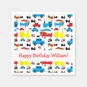 Personalized Cute Planes, Trains and Cars Birthday Napkin