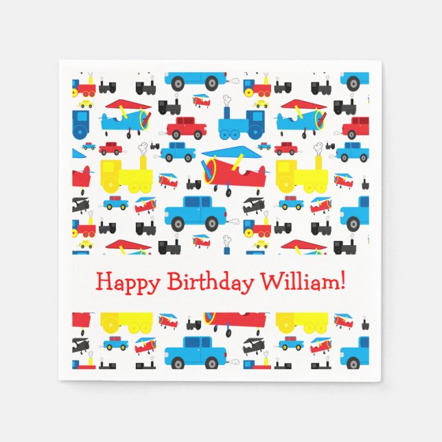 Personalized Cute Planes, Trains and Cars Birthday Napkin (Front)