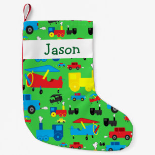 Personalized Cute Planes, Trains and Cars Pattern Small Christmas Stocking