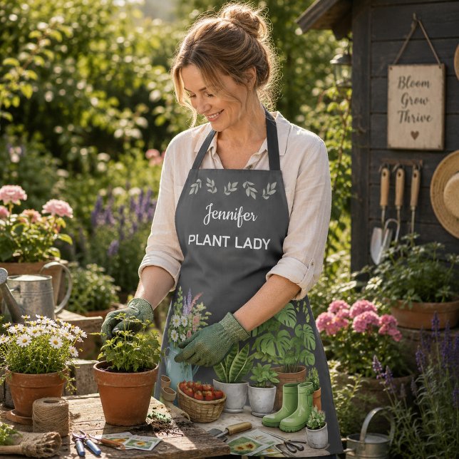 Personalized cute Plant Lady garden grey Apron (Personalized cute Plant Lady garden gray Apron. For plant and garden lovers. )