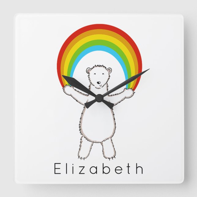 Personalized Cute Polar Bear and Rainbow Square Wall Clock (Front)