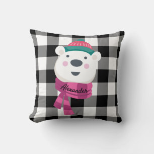 Personalized Cute Polar Bear Black White Gingham Throw Pillow