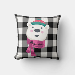 Personalized Cute Polar Bear Black White Gingham Throw Pillow