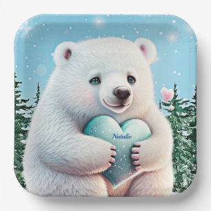 Personalized cute Polar Bear in snow with Heart   Paper Plate