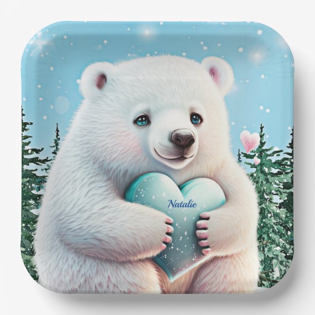Personalized cute Polar Bear in snow with Heart   Paper Plate (Front)