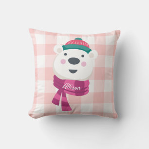 Personalized Cute Polar Bear Pink Gingham Holiday Throw Pillow