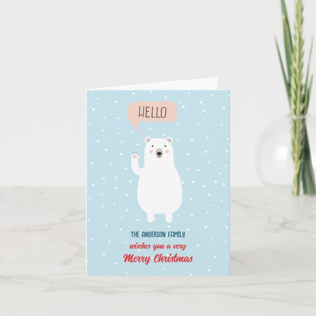 Personalized Cute Polar Bear says Hello Holiday Card (Front)