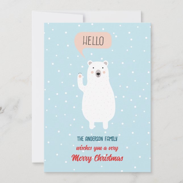 Personalized Cute Polar Bear says Hello Holiday Card (Front)