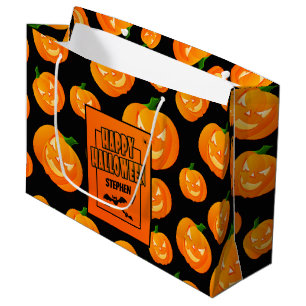 Personalized   Cute Pumpkin & Bat Happy Halloween Large Gift Bag