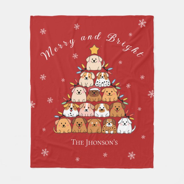 Personalized cute puppies Christmas tree dog lover Fleece Blanket (Front)