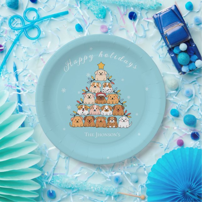 Personalized cute puppies Christmas tree dog lover Paper Plate (Party)
