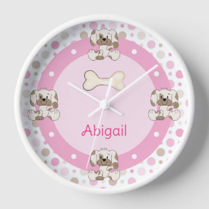Personalized Cute Puppy Dog Pink Polk Dot Clock