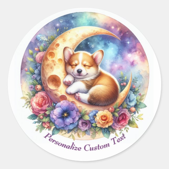 Personalized Cute Puppy Dog Sleeping on Half Moon Classic Round Sticker (Front)