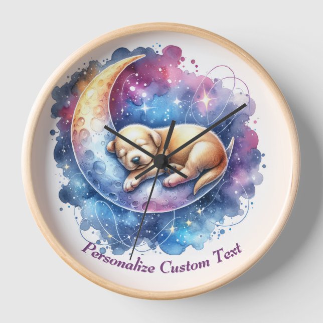 Personalized Cute Puppy Dog Sleeping on Moon Clock (Front)