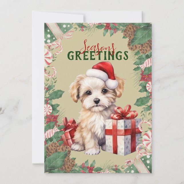 Personalized Cute Puppy Holiday Flat Card (Front)