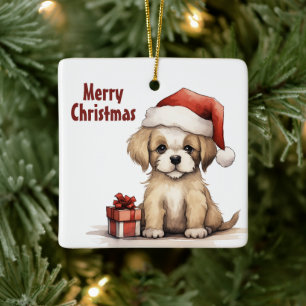 Personalized Cute Puppy with Santa Hat Christmas Ceramic Ornament